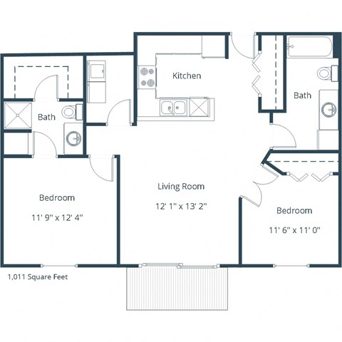 Floor plan for 2 beds, 2 baths, 1011 sqft