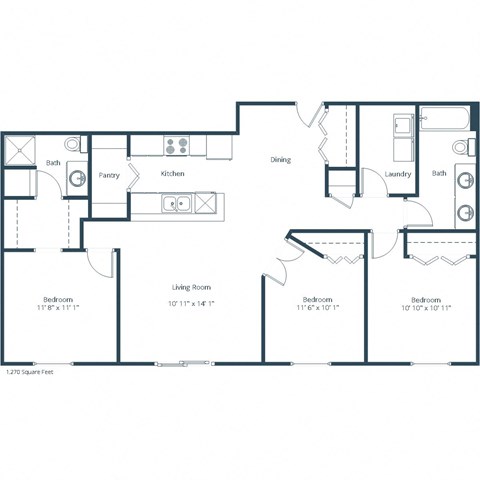 Floor plan for 3 beds, 1.8 baths, 1270 sqft