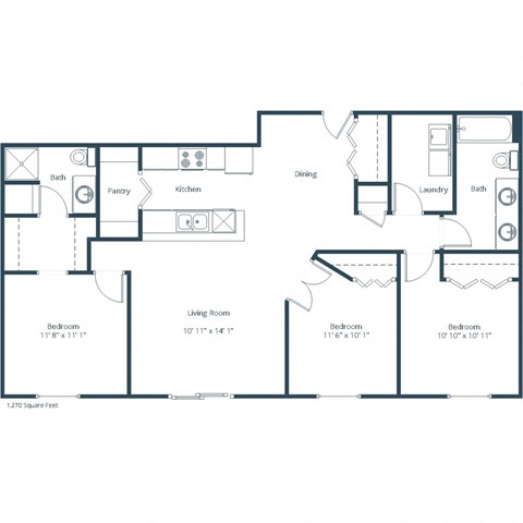 Floor plan for 3 beds, 2 baths, 1270 sqft