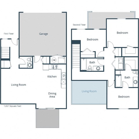 Floor plan for 3 beds, 2.5 baths, 1651 sqft