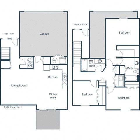 Floor plan for 3 beds, 2.5 baths, 1637 sqft