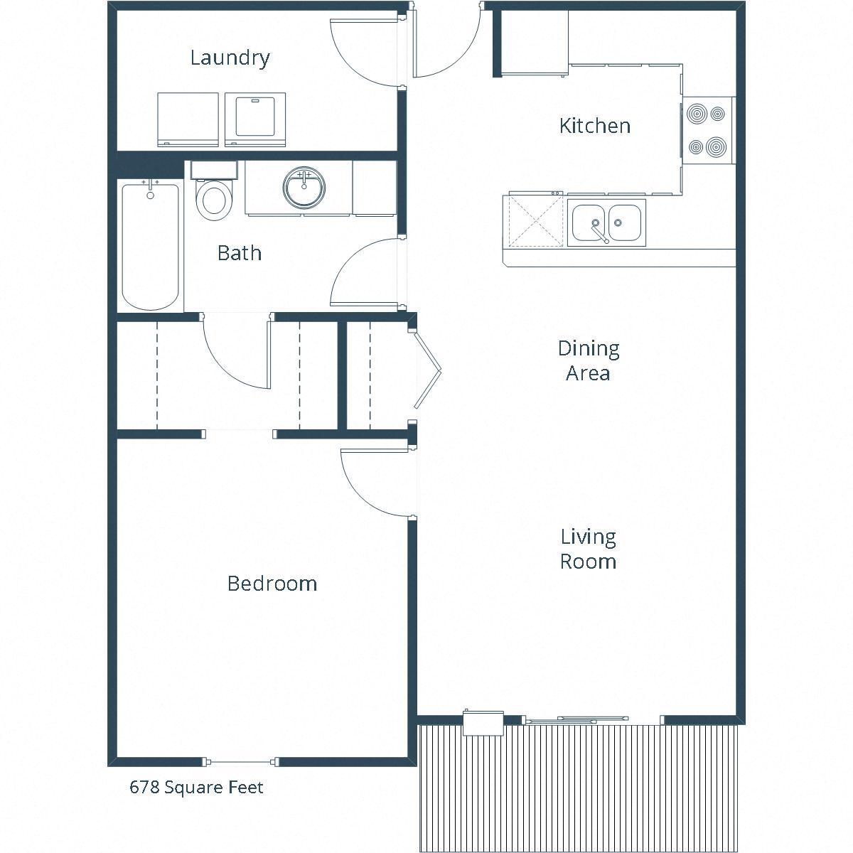 Floor plan for 1 bed, 1 bath, 678 sqft