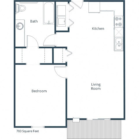 Floor plan for 1 bed, 1 bath, 703 sqft