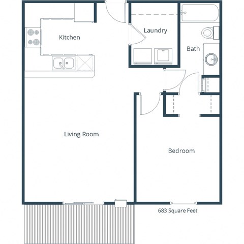 Floor plan for 1 bed, 1 bath, 683 sqft