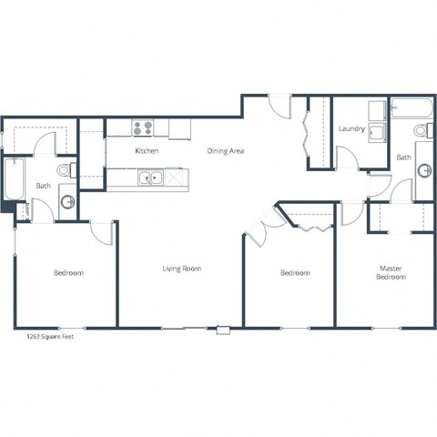 Floor plan for 3 beds, 2 baths, 1263 sqft