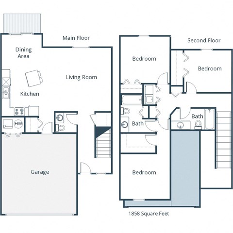 Floor plan for 3 beds, 2.5 baths, 1858 sqft