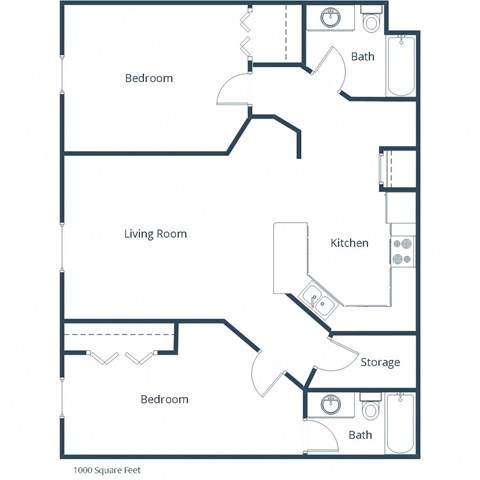 Floor plan for 2 beds, 2 baths, 1000 sqft