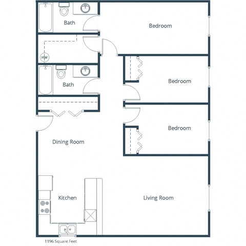 Floor plan for 3 beds, 2 baths, 1196 sqft