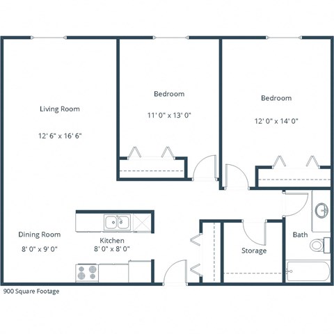 Floor plan for 2 beds, 1 bath, 900 sqft