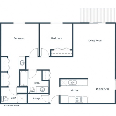 Floor plan for 2 beds, 1.8 baths, 900 sqft