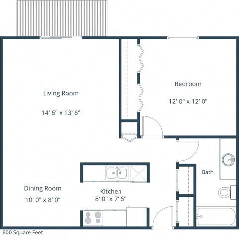Floor plan for 1 bed, 1 bath, 600 sqft