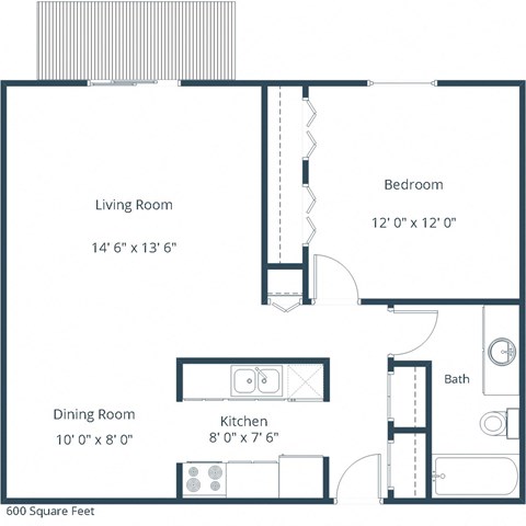 Floor plan for 1 bed, 1 bath, 600 sqft