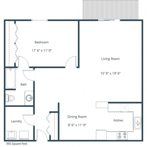 Floor plan for 1 bed, 1 bath, 950 sqft