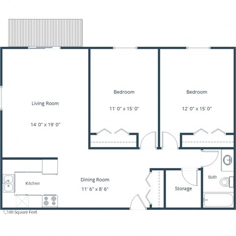 Floor plan for 2 beds, 1 bath, 1100 sqft