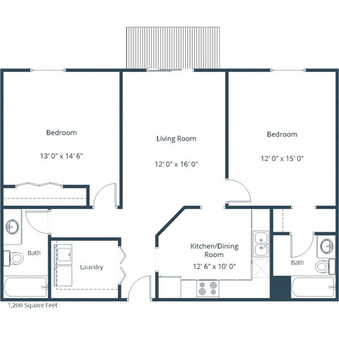 Floor plan for 2 beds, 2 baths, 1200 sqft