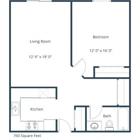 Floor plan for 1 bed, 1 bath, 760 sqft