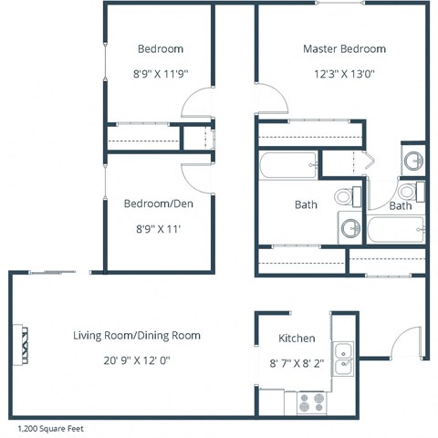 Floor plan for 3 beds, 2 baths, 1200 sqft