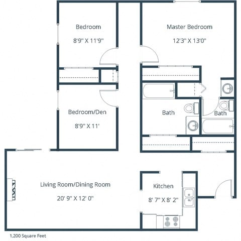 Floor plan for 3 beds, 2 baths, 1200 sqft