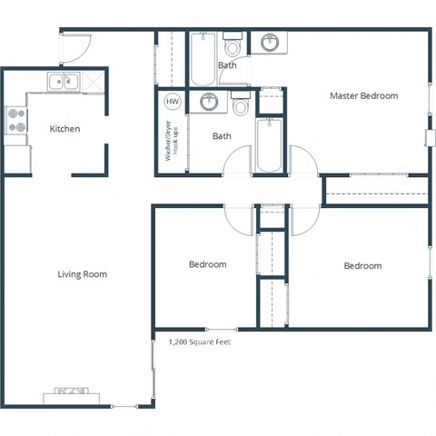 Floor plan for 3 beds, 2 baths, 1200 sqft