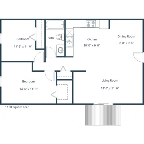Floor plan for 2 beds, 1 bath, 1200 sqft