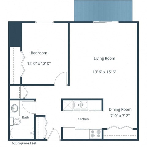 Floor plan for 1 bed, 1 bath, 650 sqft