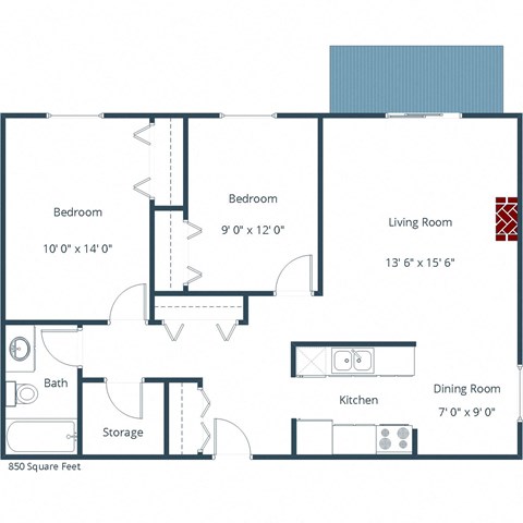 Floor plan for 2 beds, 1 bath, 950 sqft