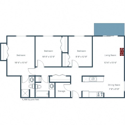 Floor plan for 3 beds, 2 baths, 1100 sqft