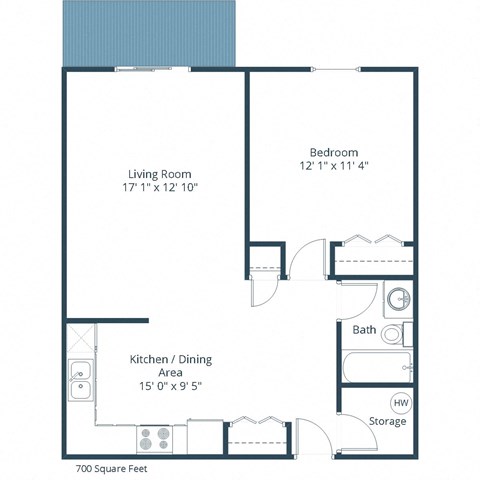 Floor plan for 1 bed, 1 bath, 700 sqft