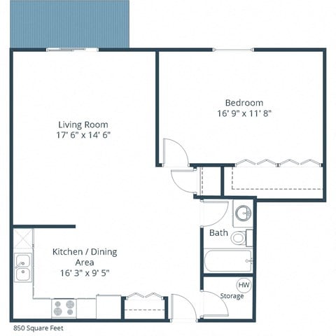 Floor plan for 1 bed, 1 bath, 850 sqft