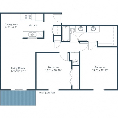 Floor plan for 2 beds, 1 bath, 950 sqft