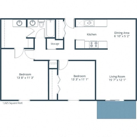 Floor plan for 2 beds, 1 bath, 1025 sqft