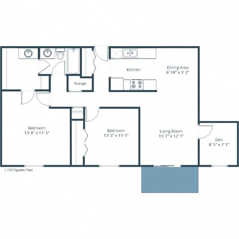 Floor plan for 2 beds, 1 bath, 1100 sqft