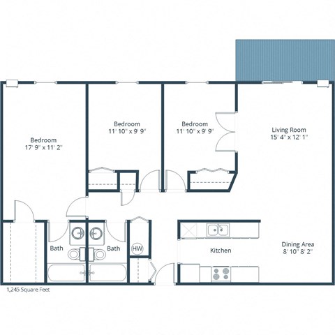 Floor plan for 3 beds, 2 baths, 1245 sqft
