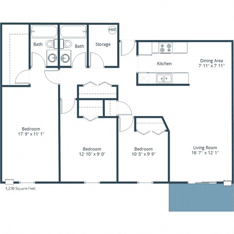 Floor plan for 3 beds, 2 baths, 1250 sqft