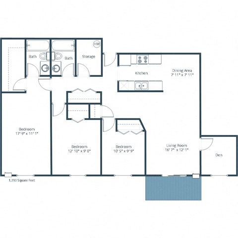 Floor plan for 3 beds, 2 baths, 1261 sqft