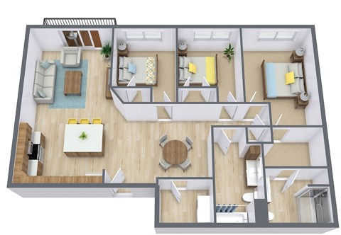 Floor plan for 3 beds, 2 baths, 1261 sqft