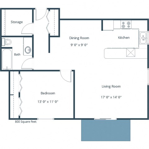 Floor plan for 1 bed, 1 bath, 800 sqft
