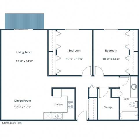 Floor plan for 2 beds, 1 bath, 1100 sqft