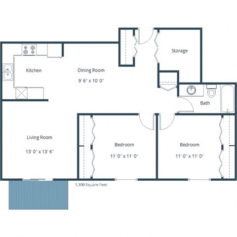 Floor plan for 2 beds, 1 bath, 1100 sqft