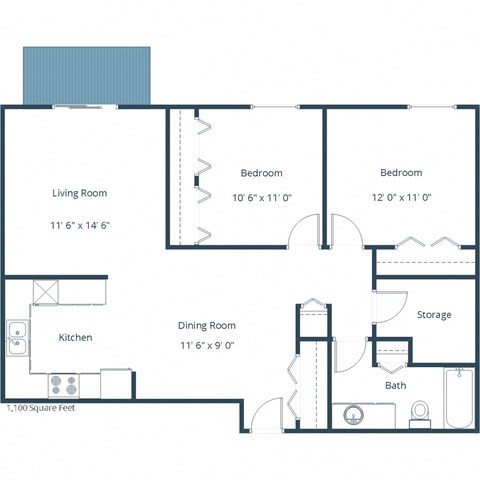 Floor plan for 2 beds, 1 bath, 1100 sqft