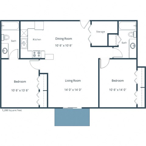 Floor plan for 2 beds, 2 baths, 1200 sqft