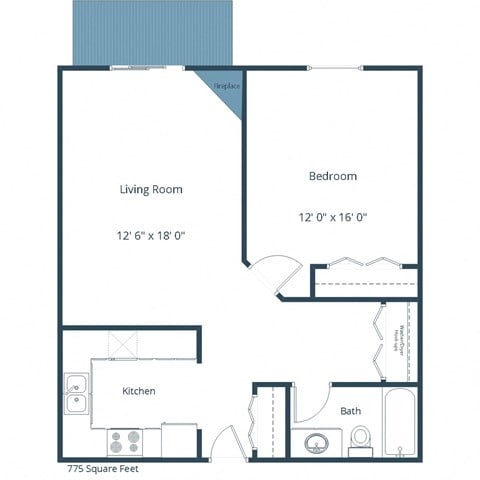 Floor plan for 1 bed, 1 bath, 775 sqft