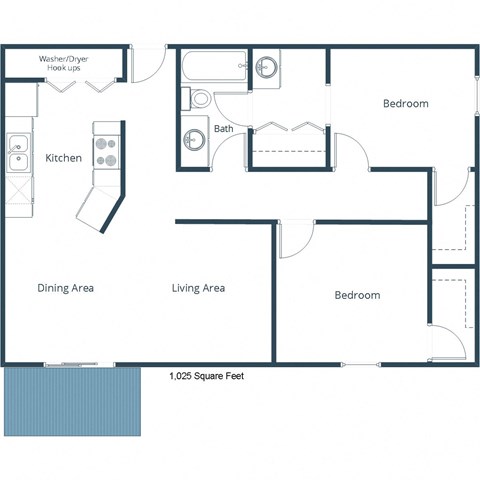 Floor plan for 2 beds, 1 bath, 1025 sqft