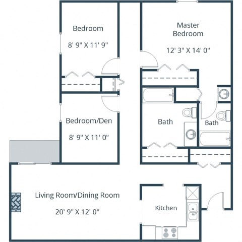 Floor plan for 3 beds, 2 baths, 1200 sqft