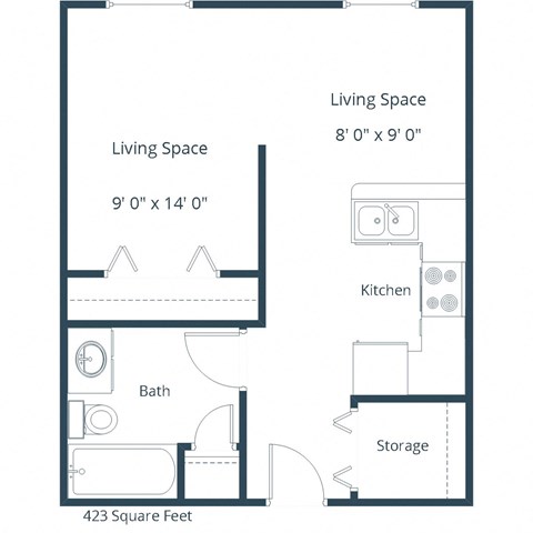 Floor plan for studio, 1 bath, 423 sqft