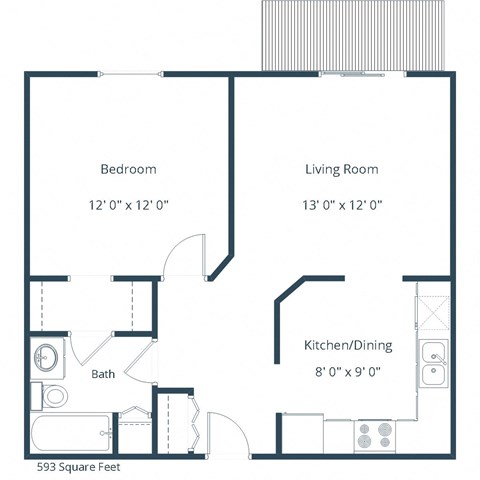 Floor plan for 1 bed, 1 bath, 593 sqft