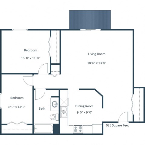 Floor plan for 2 beds, 1 bath, 925 sqft