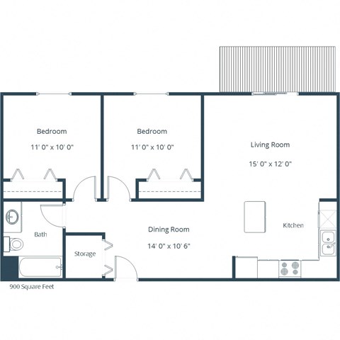 Floor plan for 2 beds, 1 bath, 900 sqft