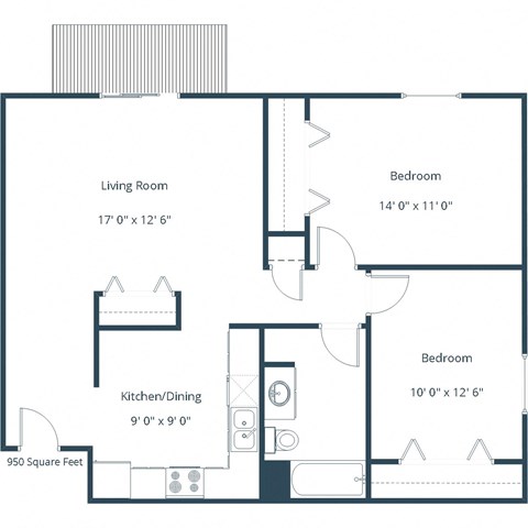 Floor plan for 2 beds, 1 bath, 950 sqft