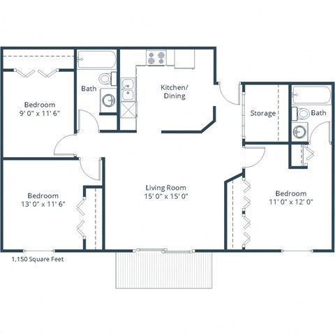 Floor plan for 3 beds, 2 baths, 1150 sqft